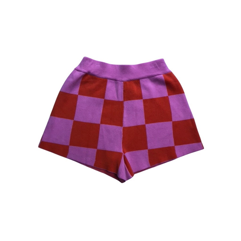 STARFIT Knit Shorts Women Size M Pink Orange Checkered High Waisted Retro